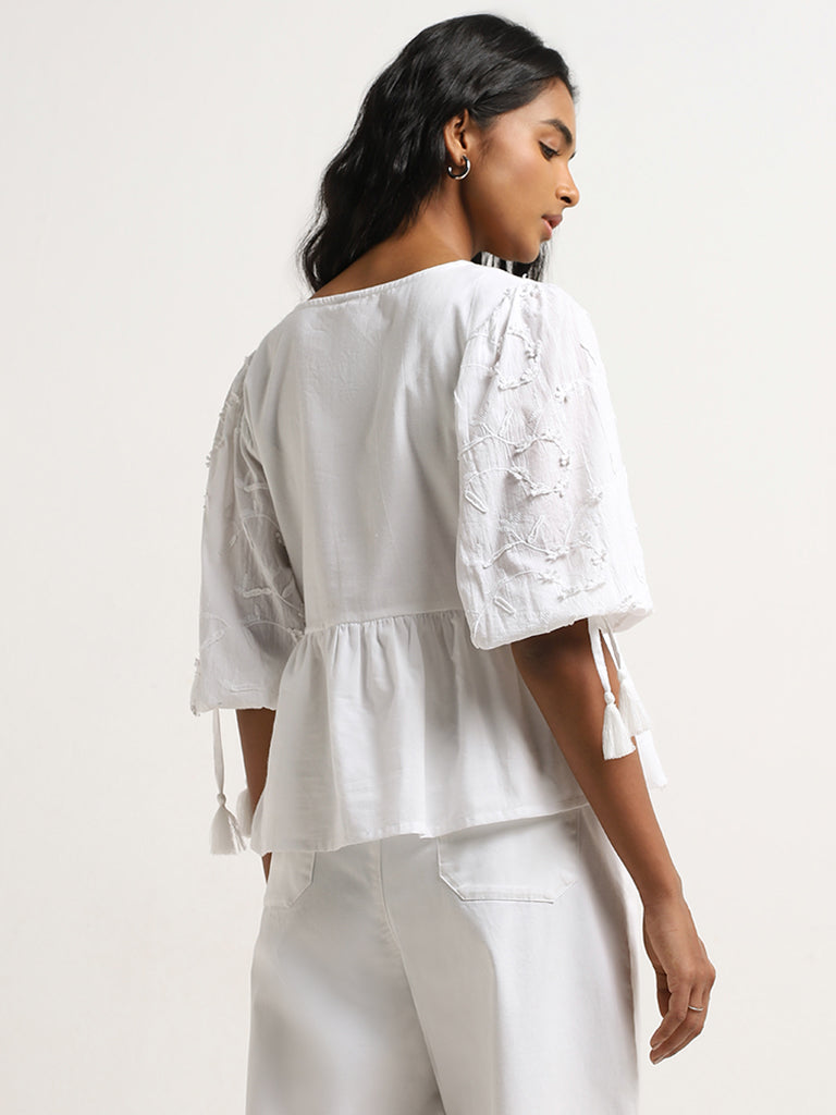 LOV White Floral Embroidered Cotton Peplum Blouse