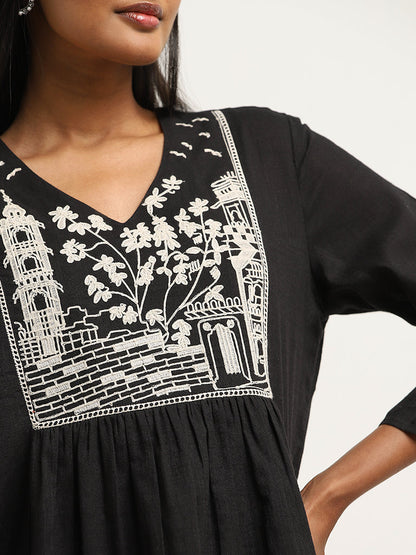 Utsa Black Embroidered A-Line Cotton Kurti