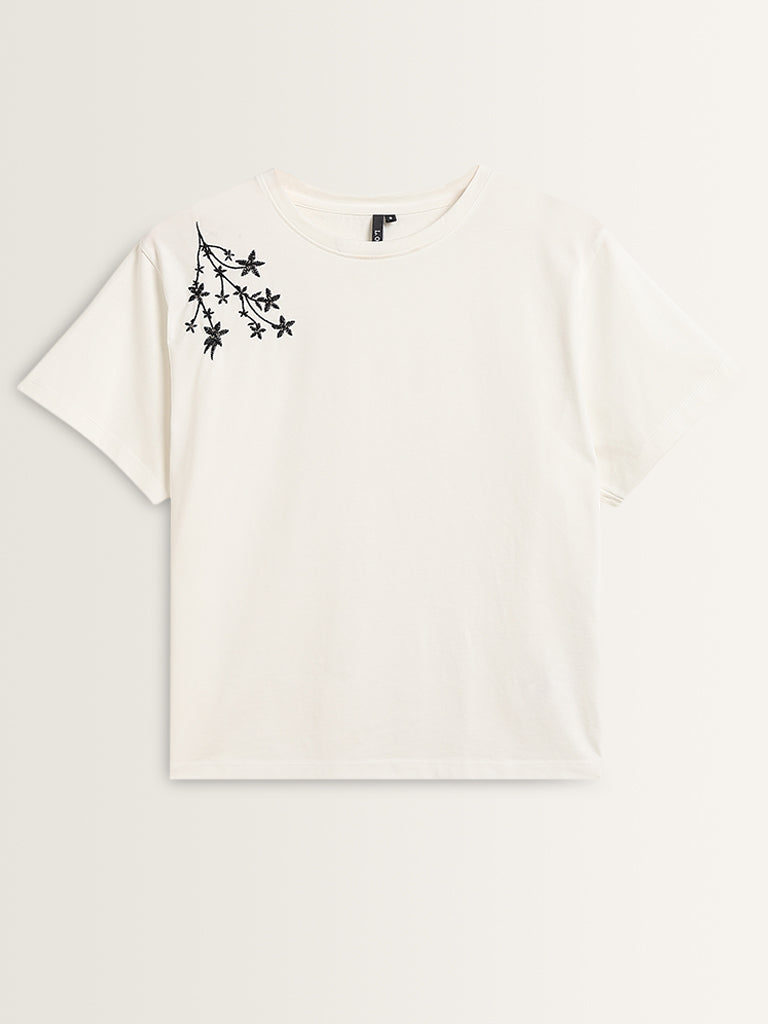 LOV Off-White Floral Embroidered Cotton Top