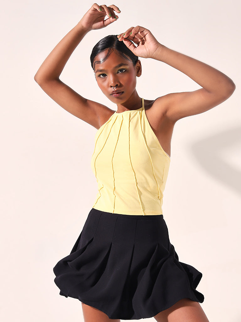 Nuon Yellow Seam-Detailed Halter-Neck Cotton Blend Top