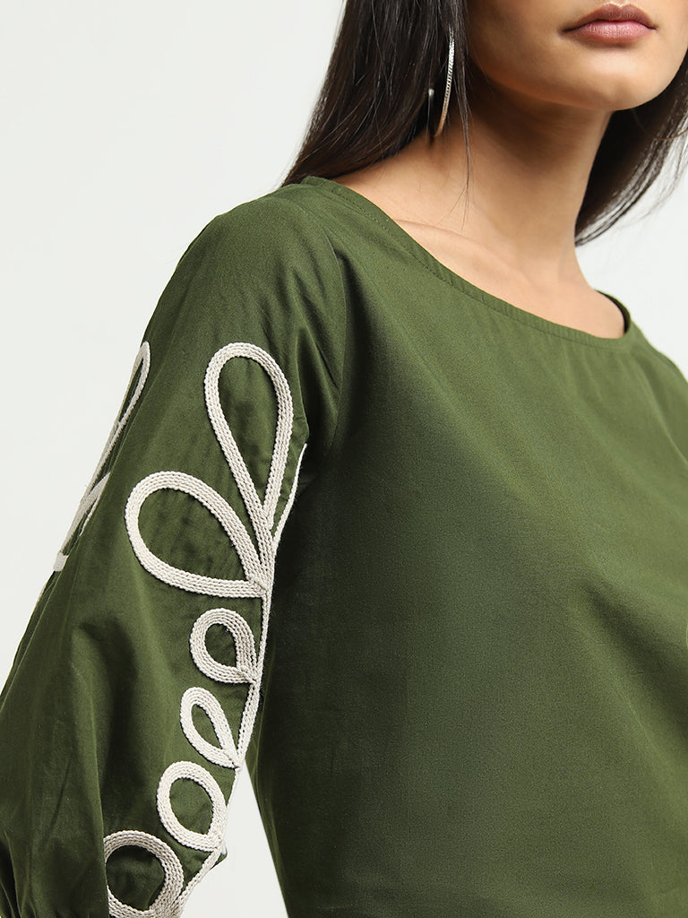 LOV Olive Leaf Embroidered Cotton Top