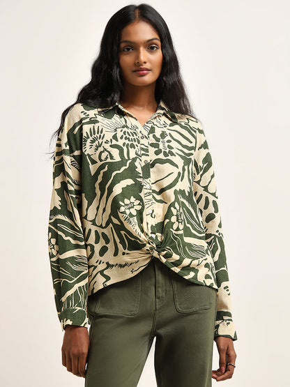 LOV Beige & Olive Abstract Printed Blended Linen Blouse