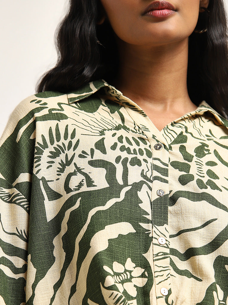 LOV Beige & Olive Abstract Printed Blended Linen Blouse