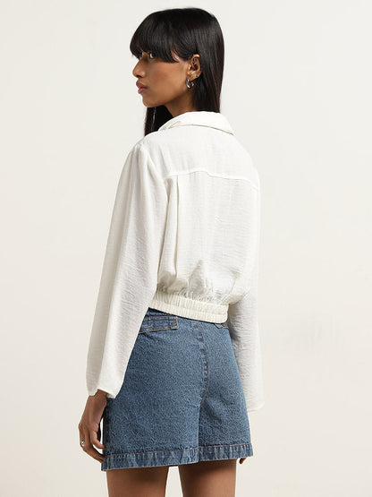 Nuon Off-White Crinkle Textured Cotton Top