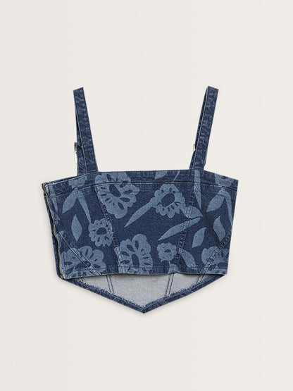 Nuon Dark Blue Floral Printed Denim Crop Top