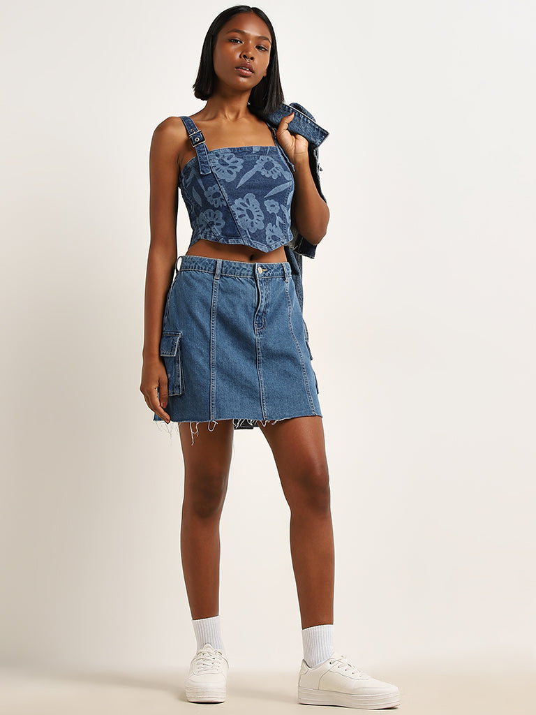 Nuon Dark Blue Floral Printed Denim Crop Top