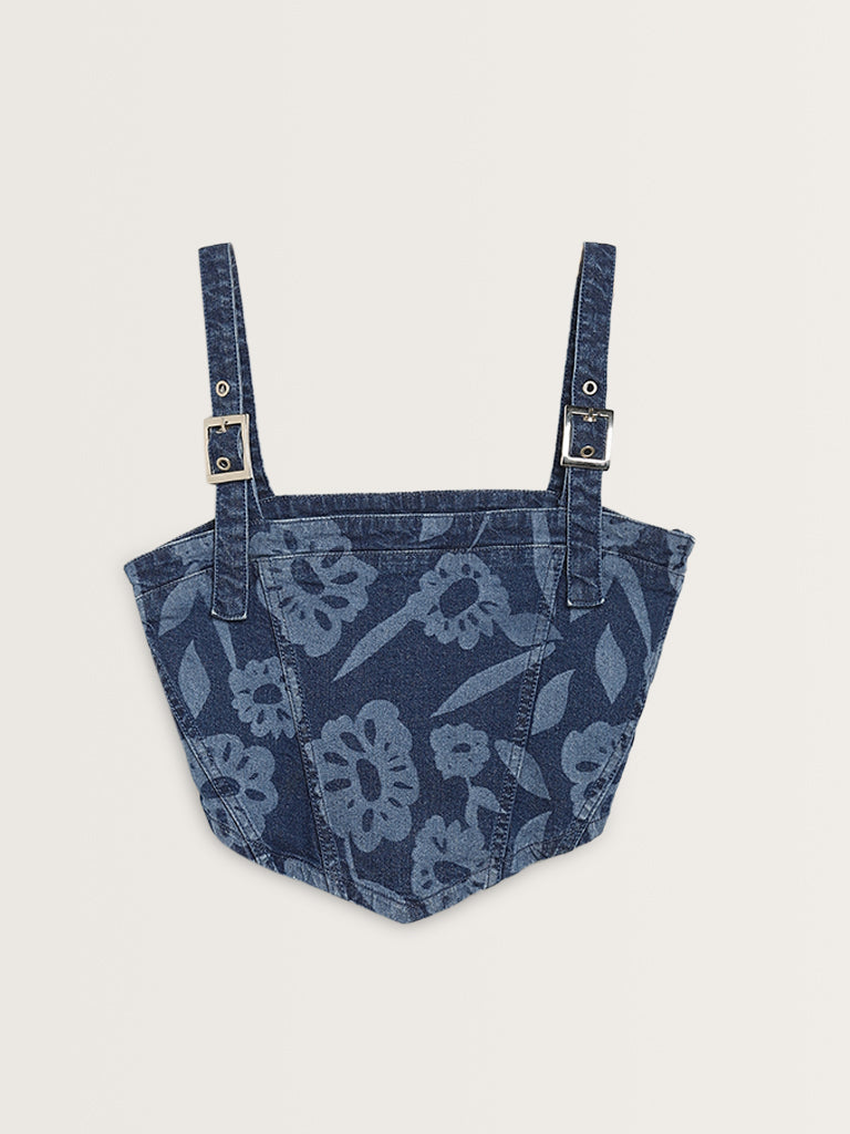 Nuon Dark Blue Floral Printed Denim Crop Top