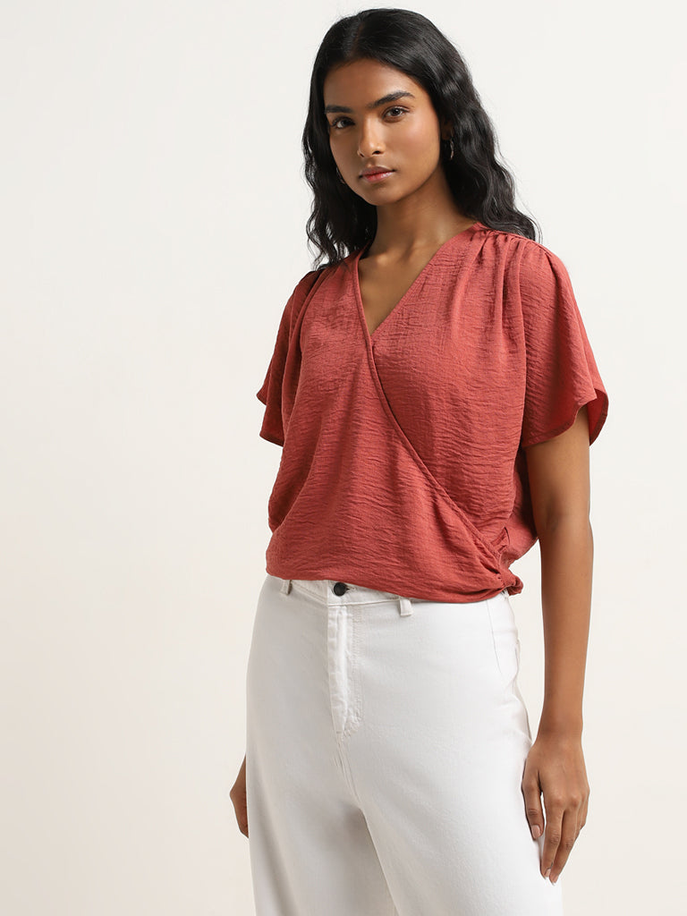 LOV Red Crinkle Textured Wrap-Over Top