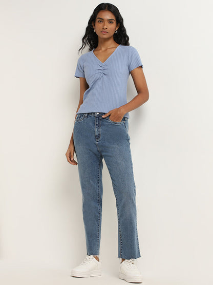 LOV Blue Ribbed Textured Top