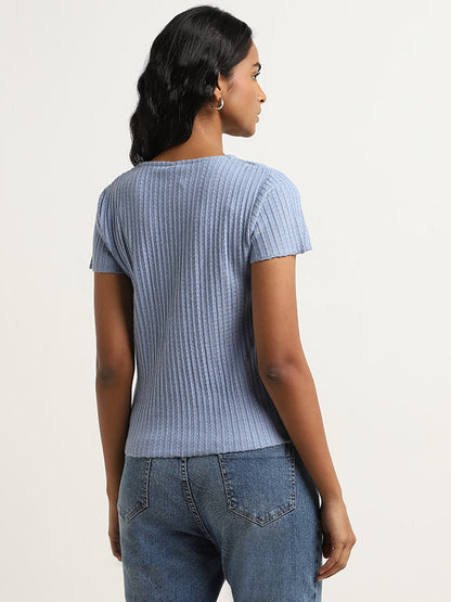 LOV Blue Ribbed Textured Top