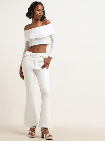 Nuon White Ribbed Textured Off-Shoulder Crop Top