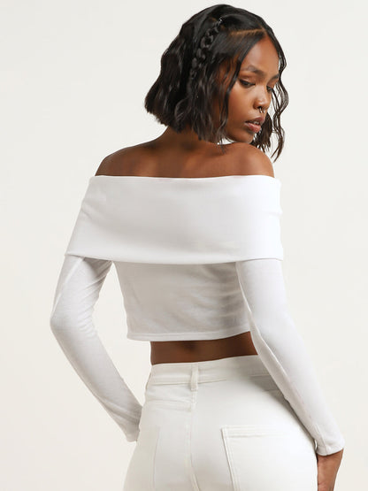 Nuon White Ribbed Textured Off-Shoulder Crop Top