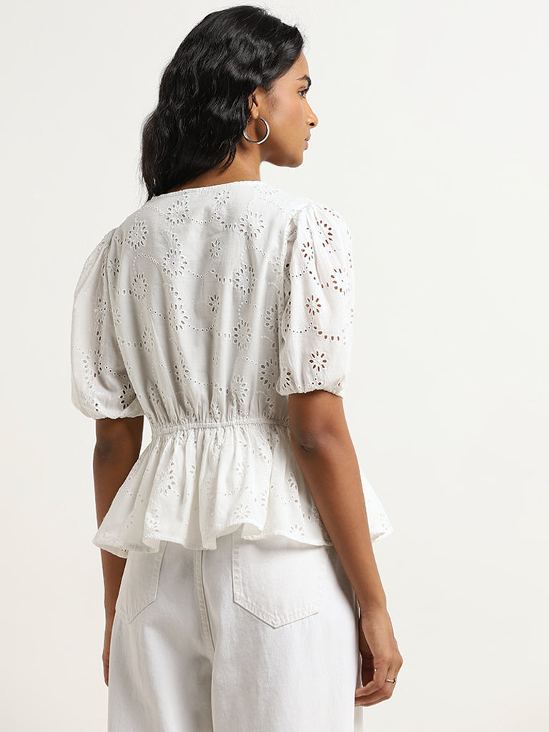 LOV White Schiffli Detailed Peplum Cotton Top