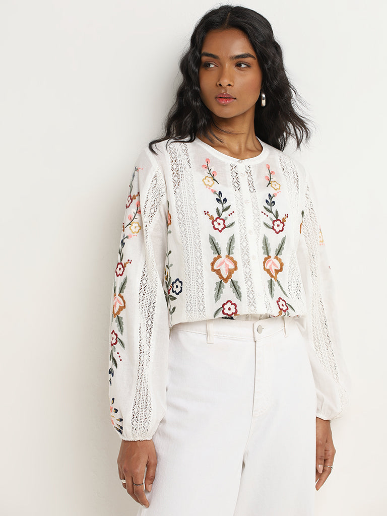 LOV White Floral Embroidered Cotton Top