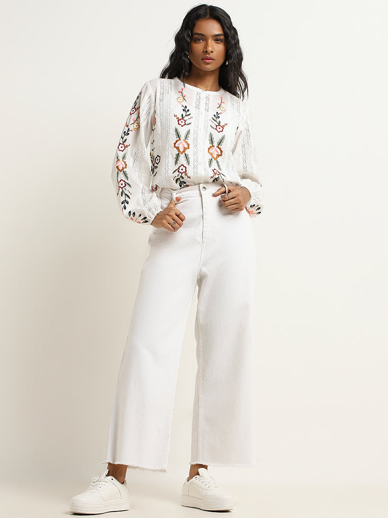 LOV White Floral Embroidered Cotton Top