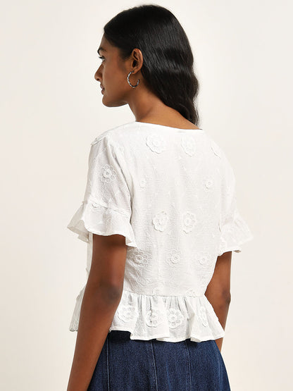 LOV White Floral Embroidered Cotton Top