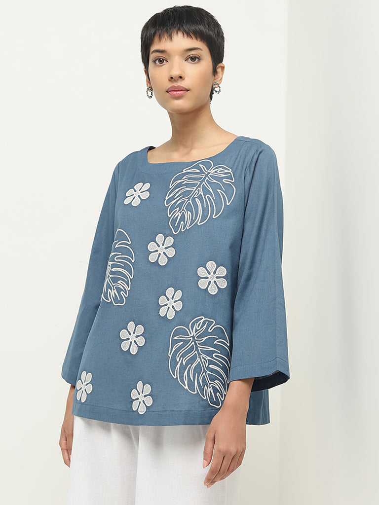 Utsa Dusty Blue Foliage Printed A-Line Blended Linen Kurti