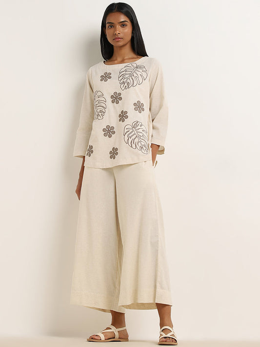 Utsa Beige Foliage Printed A-Line Blended Linen Kurti