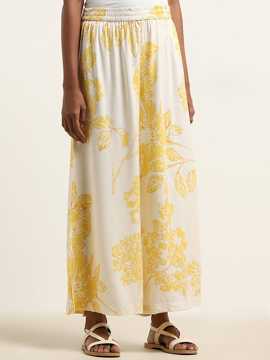 Utsa Yellow Botanical Printed High-Rise Palazzos