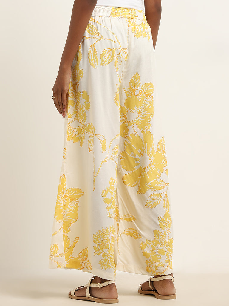 Utsa Yellow Botanical Printed High-Rise Palazzos