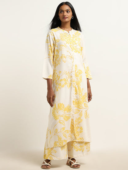 Utsa Yellow Botanical Printed High-Rise Palazzos