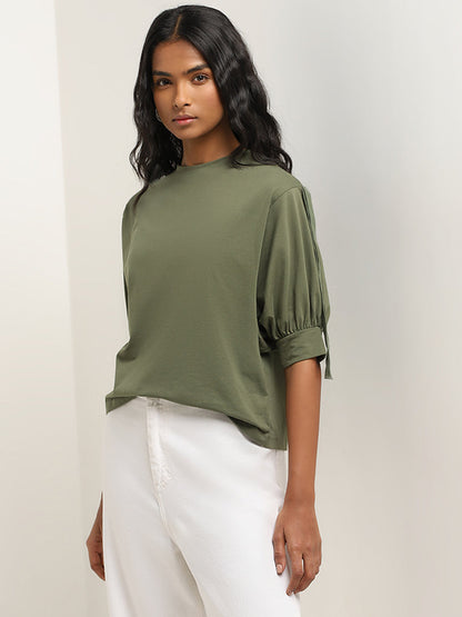 LOV Olive Solid Cotton Blend Top