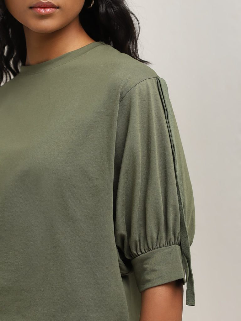 LOV Olive Solid Cotton Blend Top