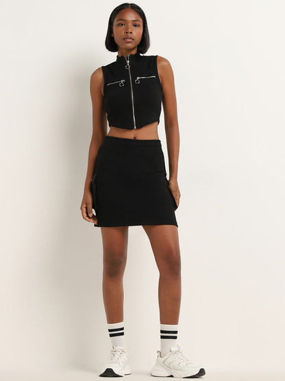 Studiofit Black Ribbed Textured Crop Top