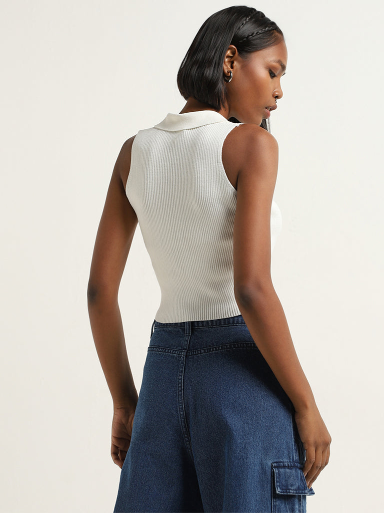 Nuon White Ribbed Textured Crop Top