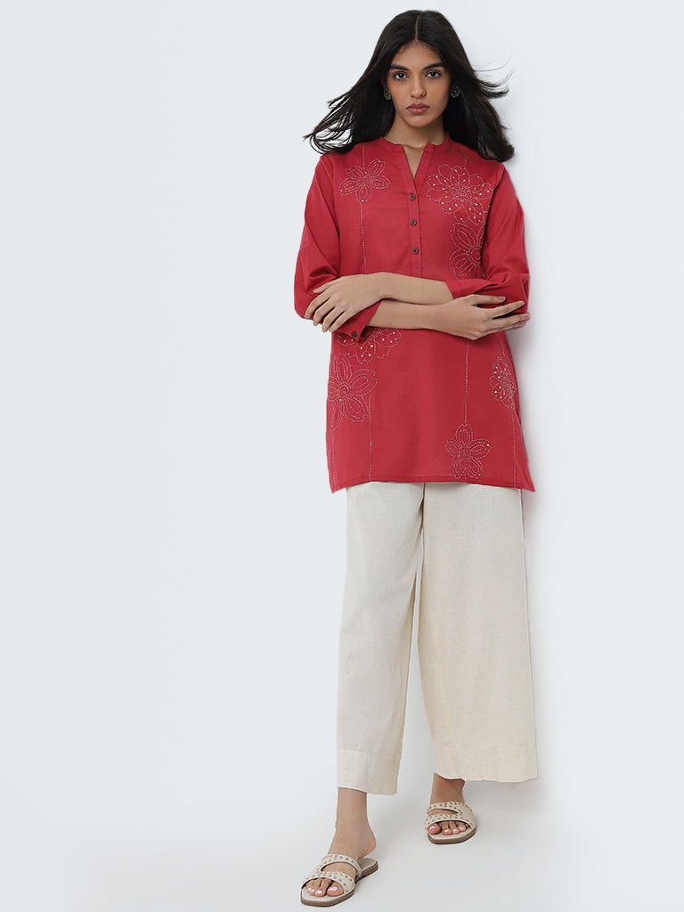 Utsa Red Floral Embroidered Straight Cotton Kurti