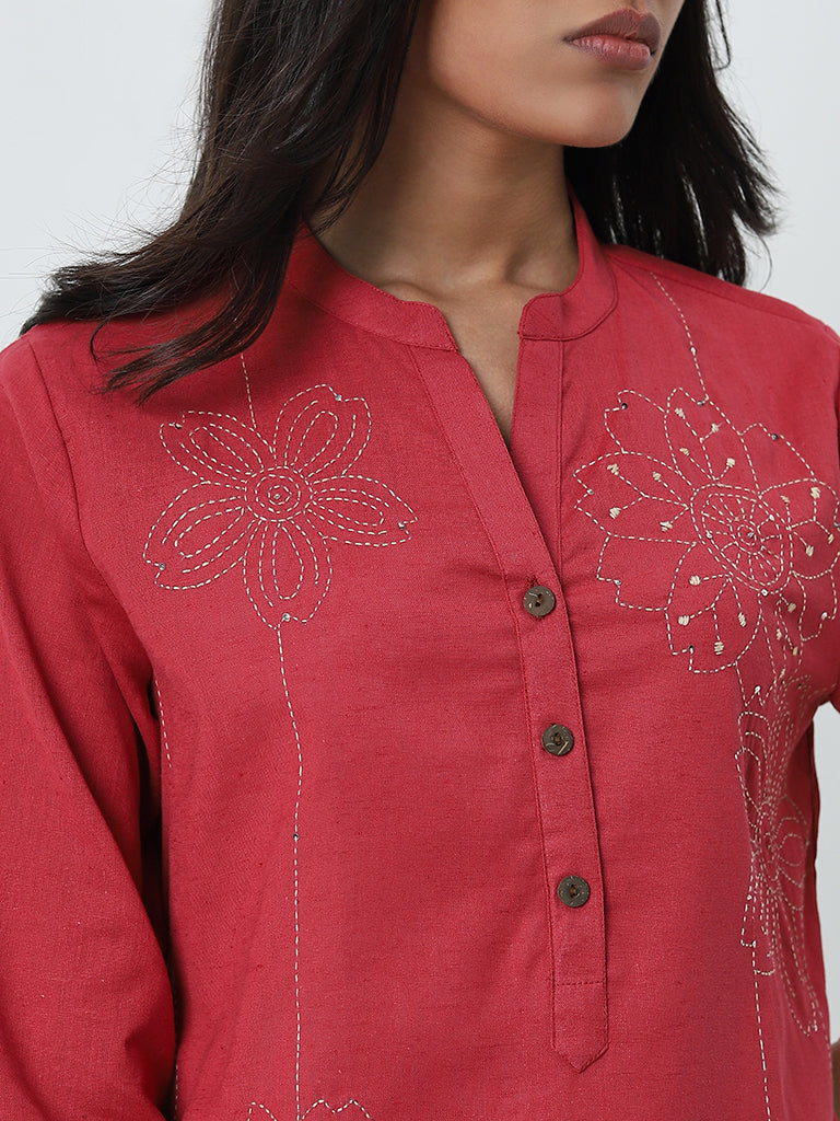 Utsa Red Floral Embroidered Straight Cotton Kurti