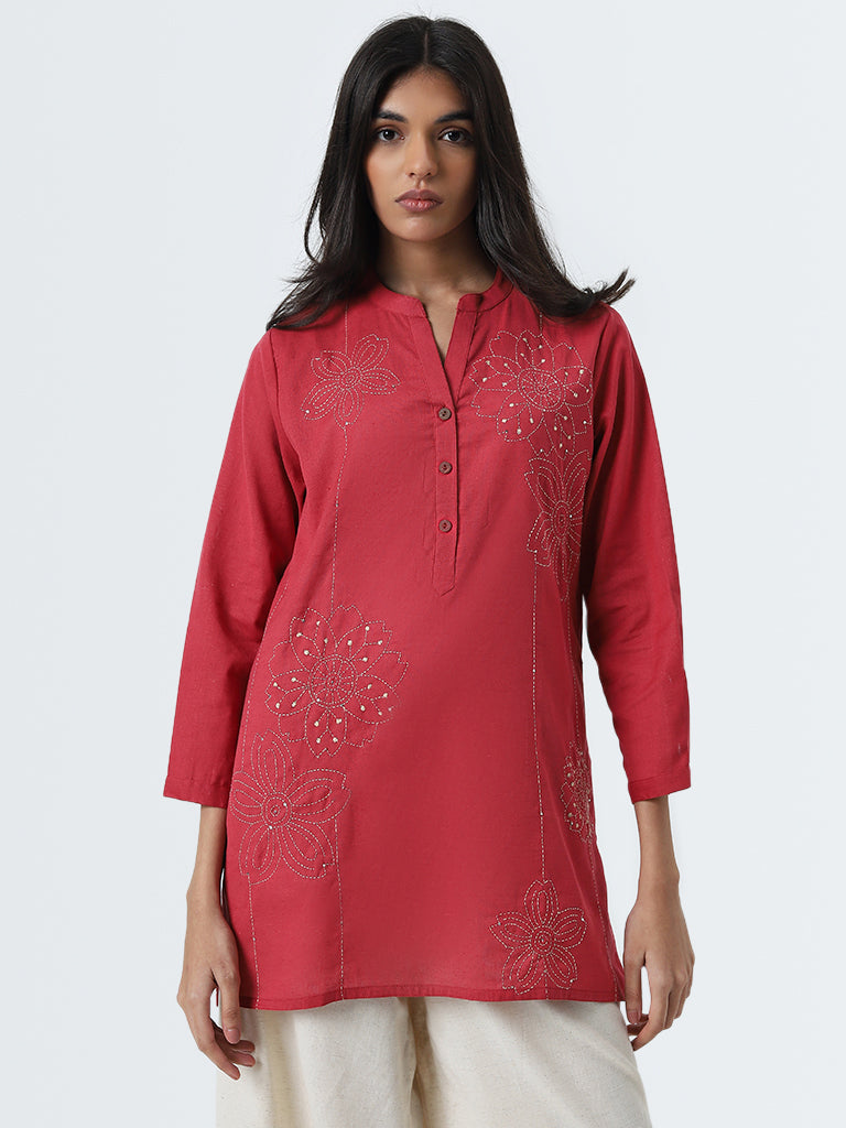 Utsa Red Floral Embroidered Straight Cotton Kurti