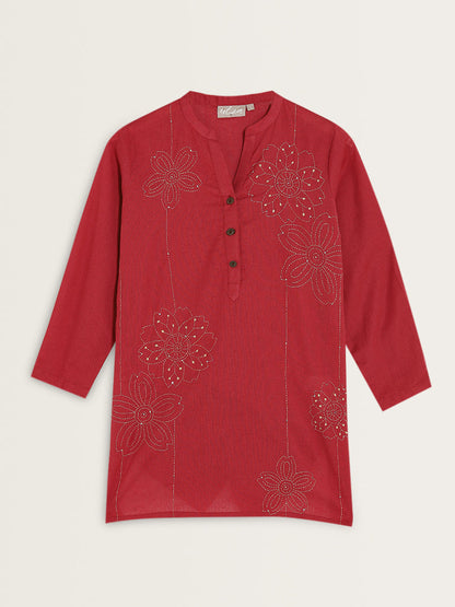 Utsa Red Floral Embroidered Straight Cotton Kurti