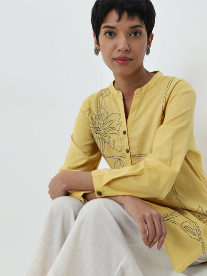 Utsa Yellow Floral Embroidered High-Low Cotton Blend Kurti