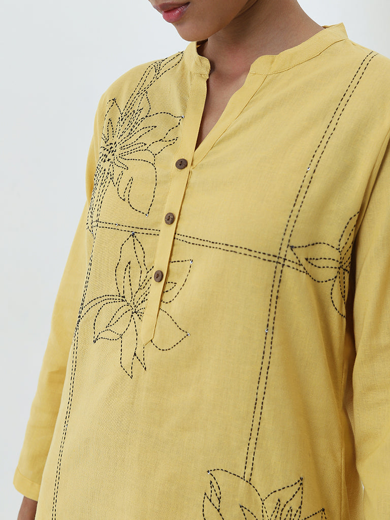 Utsa Yellow Floral Embroidered High-Low Cotton Blend Kurti