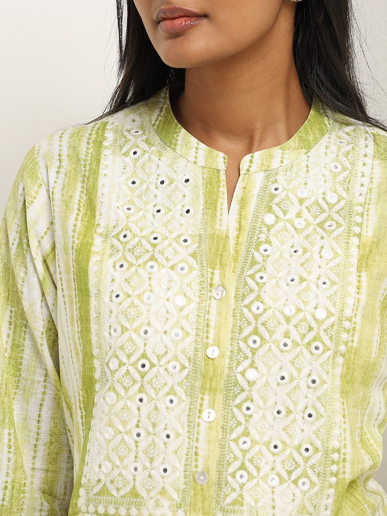 Utsa Green Abstract Printed A-Line Cotton Kurti