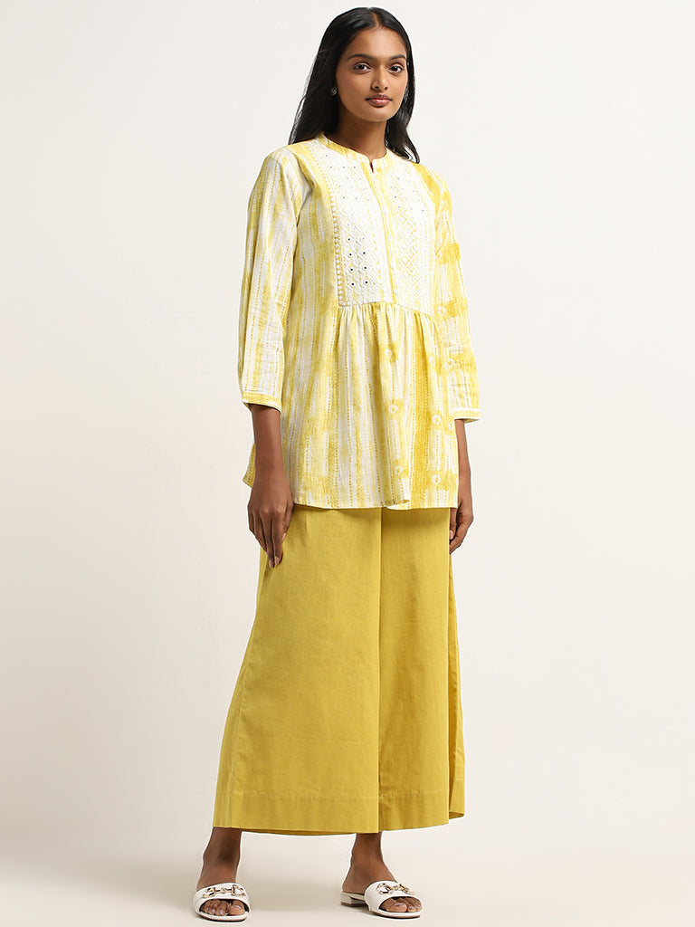 Utsa Yellow Abstract Printed A-Line Cotton Kurti