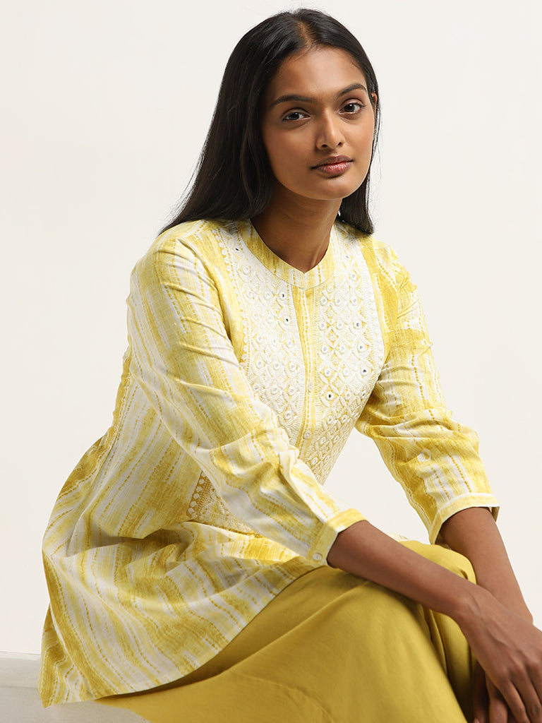 Utsa Yellow Abstract Printed A-Line Cotton Kurti