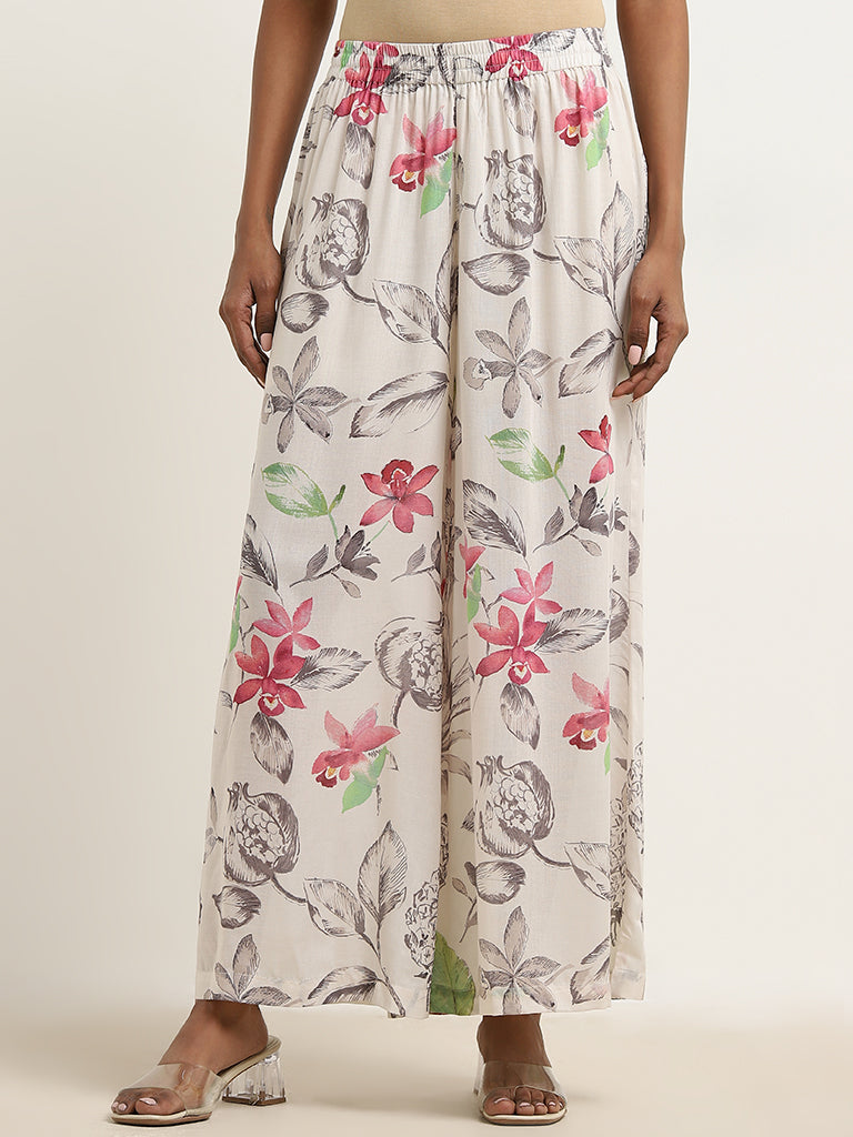 Zuba Off-White Floral Design High-Rise Palazzos