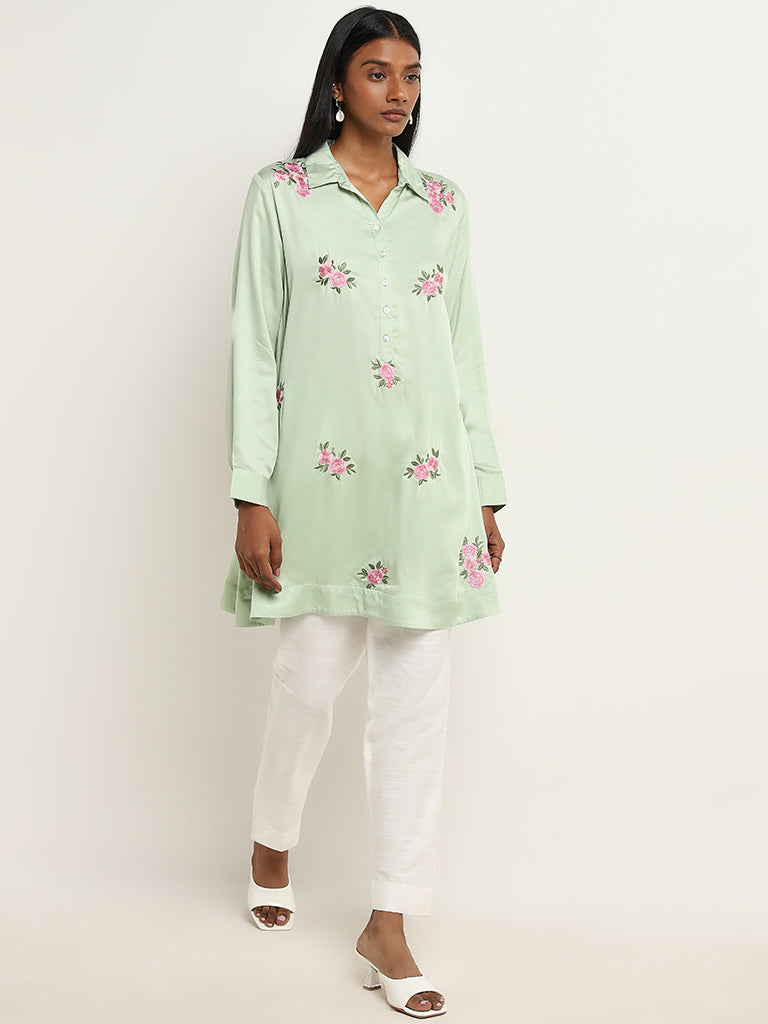 Zuba Sage Green Floral Embroidered A-line Cotton Kurti