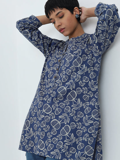 Utsa Blue Anar Print Straight Cotton Blend Kurti