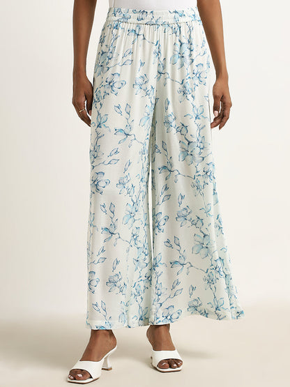 Zuba Light Blue Floral Printed High-Rise Palazzos