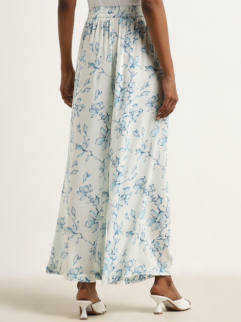 Zuba Light Blue Floral Printed High-Rise Palazzos