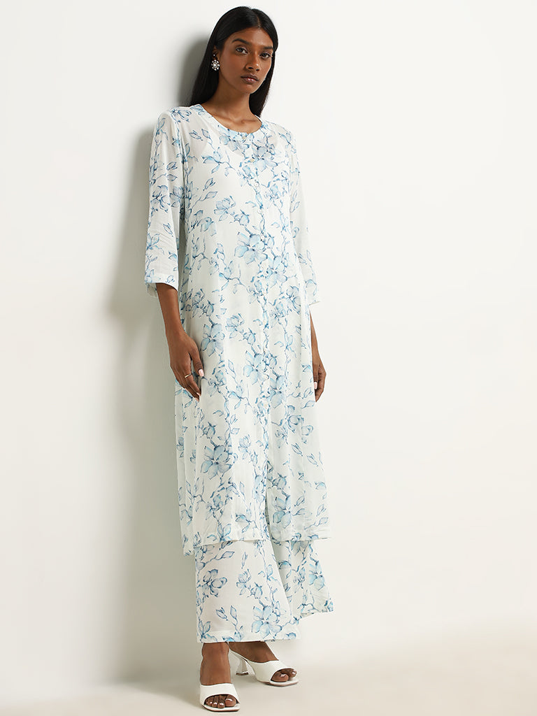 Zuba Light Blue Floral Printed High-Rise Palazzos