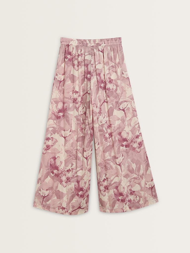 Zuba Mauve Floral Design High-Rise Palazzos