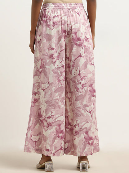 Zuba Mauve Floral Design High-Rise Palazzos