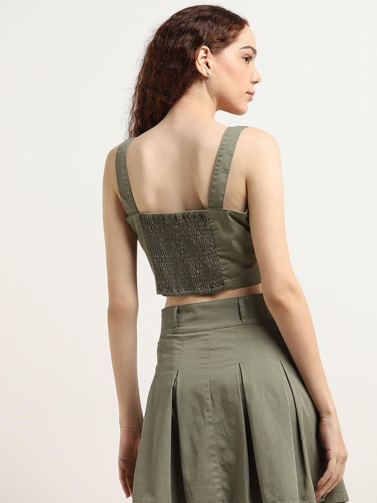 Nuon Olive Green Cotton Blend Crop Top