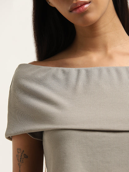 Nuon Grey Ribbed Texture Off-Shoulder Top