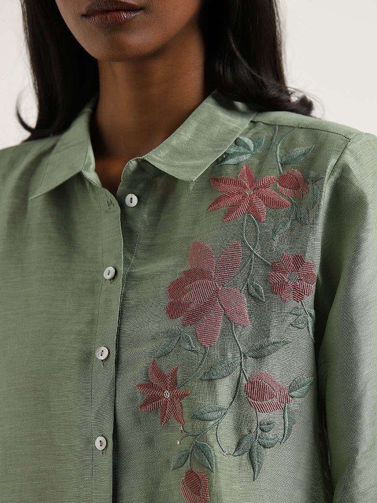 Zuba Sage Floral Embroidered A-Line Tunic