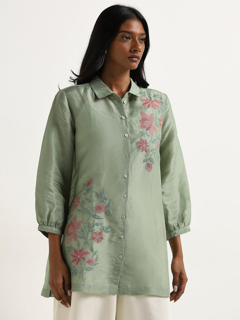 Zuba Sage Floral Embroidered A-Line Tunic